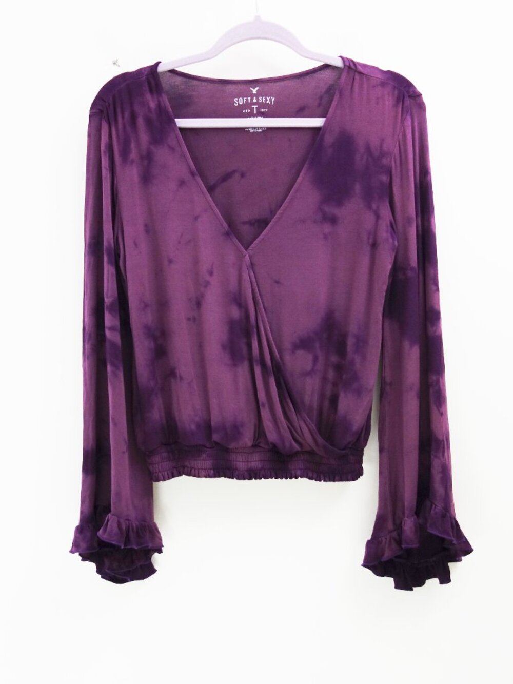 American Eagle AEO Purple Tie Dye Wrap Front Bell Sleeve Long Sleeve Top (S)